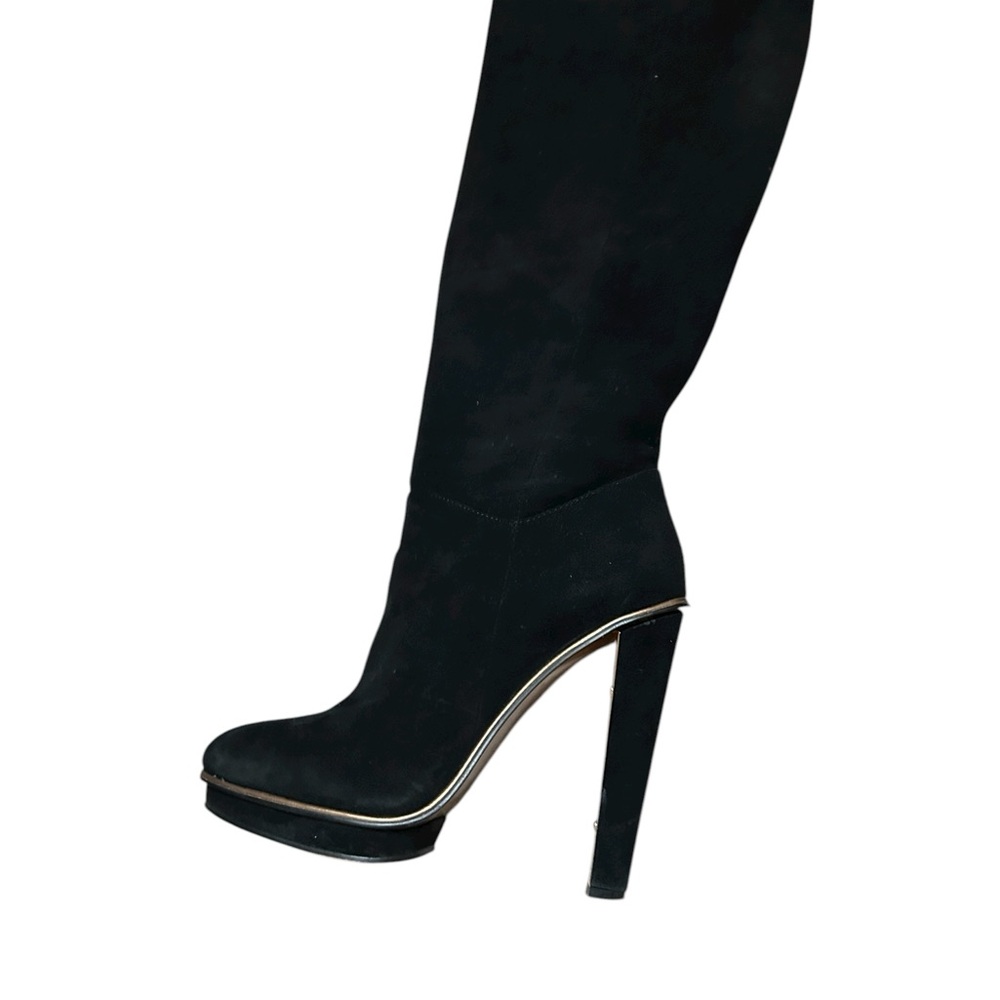BCBGMaxAzria Elegant Black Suede Heeled Boots Trimmed with Gold Great Preowned - Picture 6 of 14